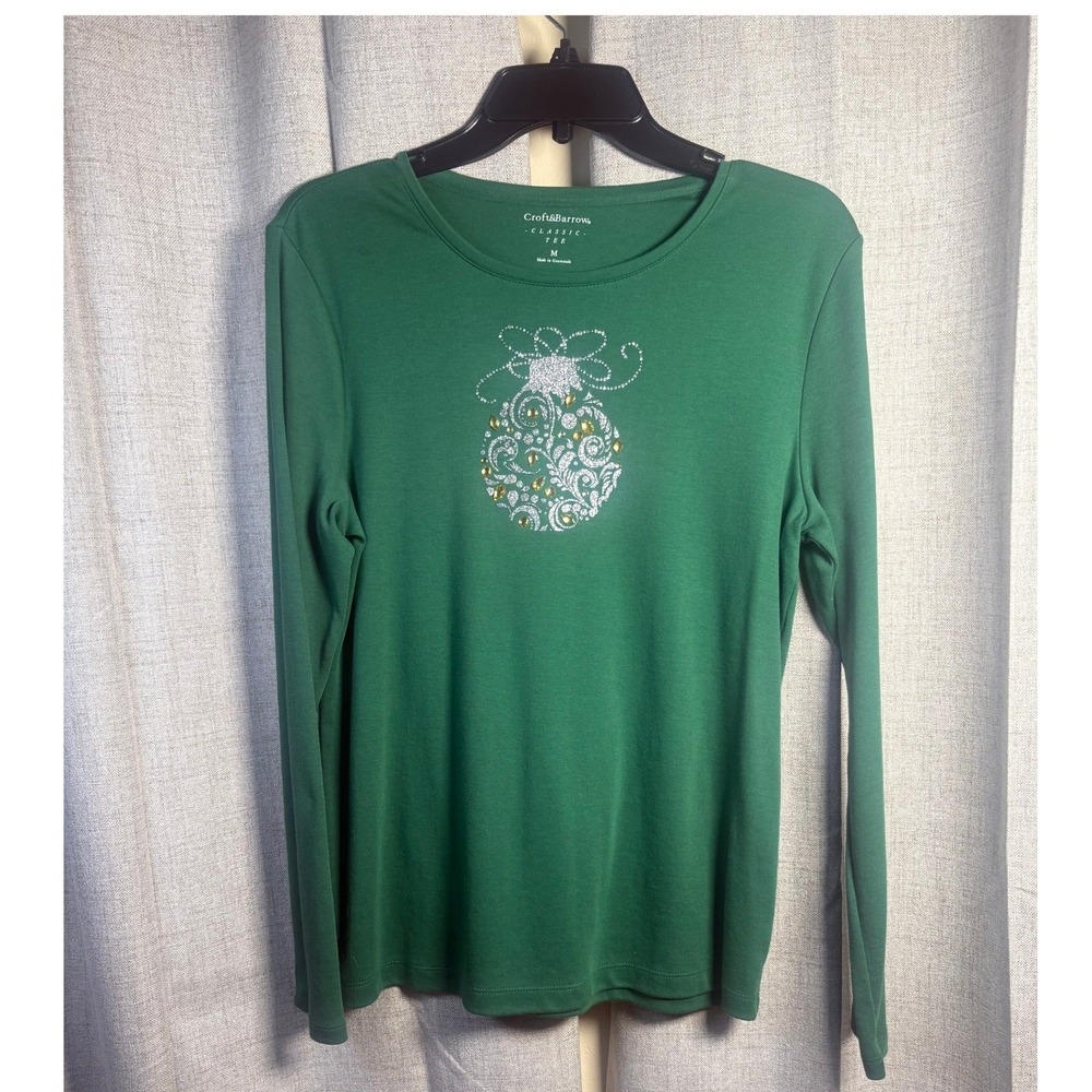 Croft & Barrow Green Christmas Ornament Rhinestone Long Sleeve Tee Medium